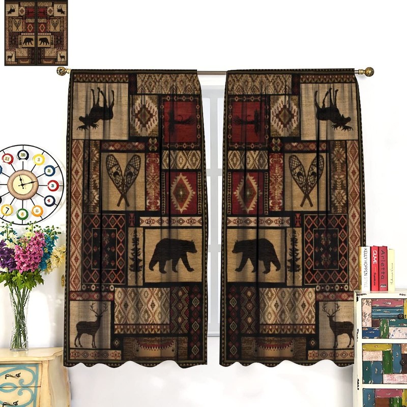 Rustic Moose Deer Curtain, Retro Rustic Bear Country Style Rustic
