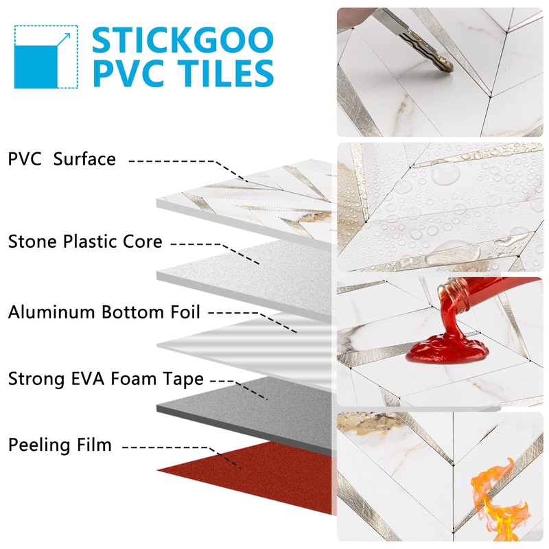 STICKGOO 10-Sheet Herringbone Tile Peel and Stick Backsplash, Calacatta Marble