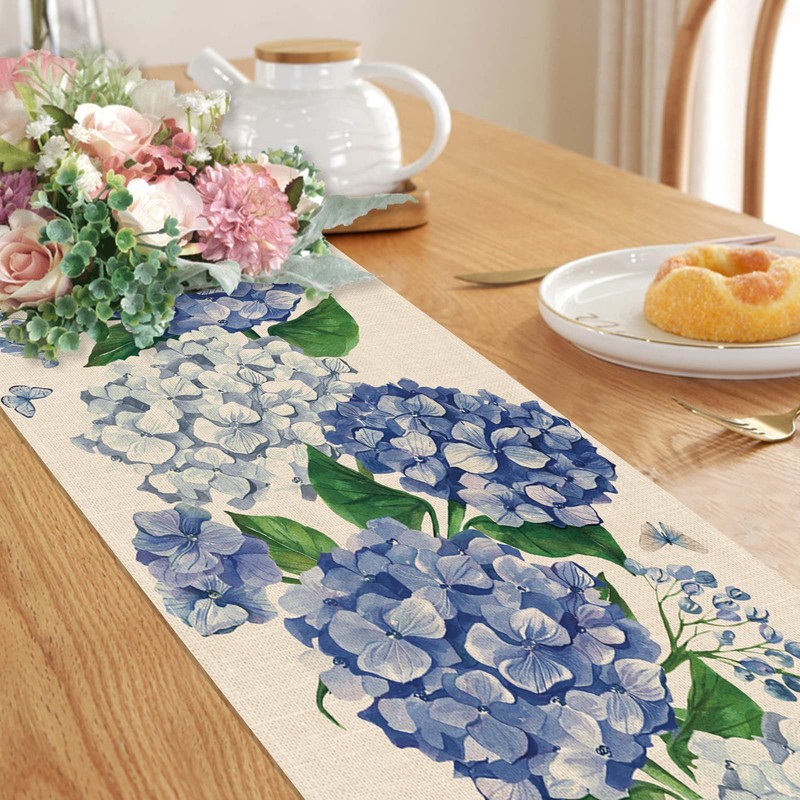 Seliem Spring Hydrangea Floral Flowers Table Runner, Blue Butterfly Kitchen