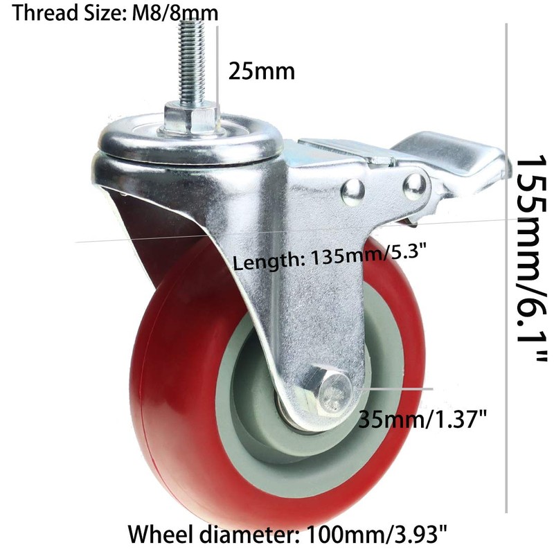 Heavy Duty Stem Caster Wheels Double Bearing PU Castors No