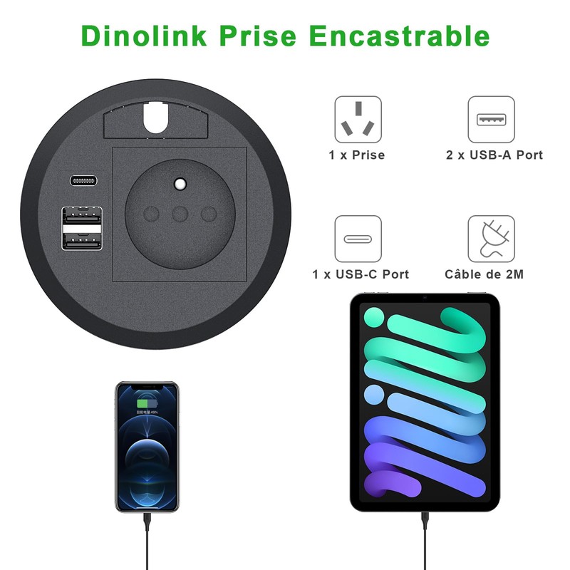 Dinolink Built-in Socket with USB C PD20W, Built-in Power Strip