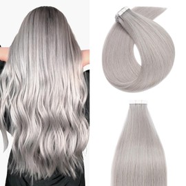 Silk-co Tape Extensions, Real Hair, Pack of 20, Tape-In Extensions, Real Hair, Remy Hair Extensions, Glue Skin Weft Tape Ins, 50 g, Grey # Grey, 40 cm