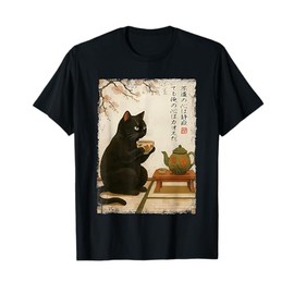 Tea time with a Black cat Drinking Tea Japanese Art T-Shirt
