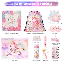 Runeaoys Unicorn Toys for Girls Age 4-6 Easter Basket Stuffers Girl 5 6 7 8 9 10 Year Old Birthday Gifts with Unicorn Blanket Water Bottle Crossbody Bag Eye Mask