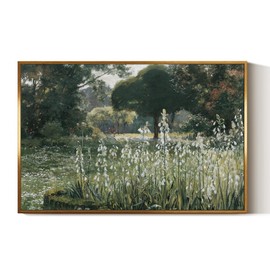 InSimSea Golden Framed Vintage Canvas Wall Art Summer Hyacinths Cottage Garden Landscape Meadow Painting Print 16x24inch, Fields Countryside White Flowers Green Trees Rustic Farmhouse Wall Décor