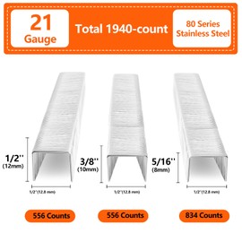 SITLDY 1/2 Inch Crown 21 Gauge Stainless Steel 304 Staples 1940-Count 3 Sizes for 80 Series Staple Gun, Includes: 5/16", 3/8", 1/2" Assortment, Combo kit