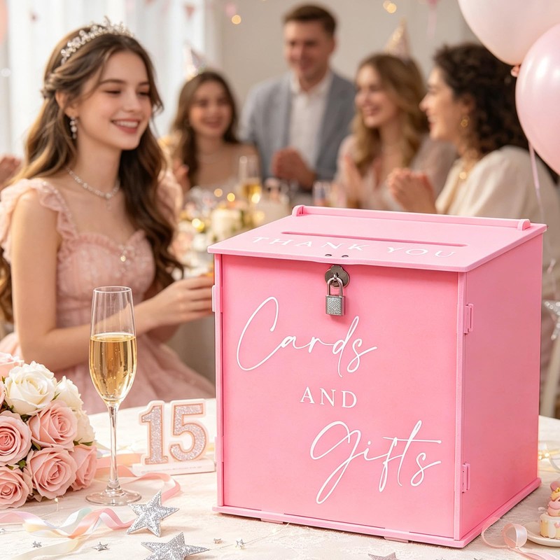 Pink Large Card Box with Lock, Wedding Card Boxes for