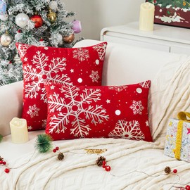 Christmas Cushion Covers Red 45 x 45 cm Cushion Covers with Silver Snowflake Christmas Sofa Cushions Velvet Pillows Decorations for Living room, Couch, Winter, Holiday, Xmas Set of 2