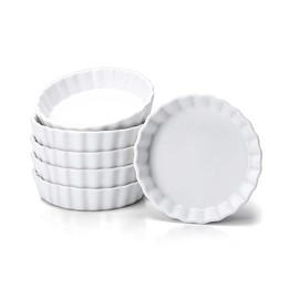 Taeochiy 8 Oz Creme Brulee Ramekins, Porcelain Ramekins Oven Safe, Round Tart Pan Mini Fluted Quiche Dishes, Set of 6, White