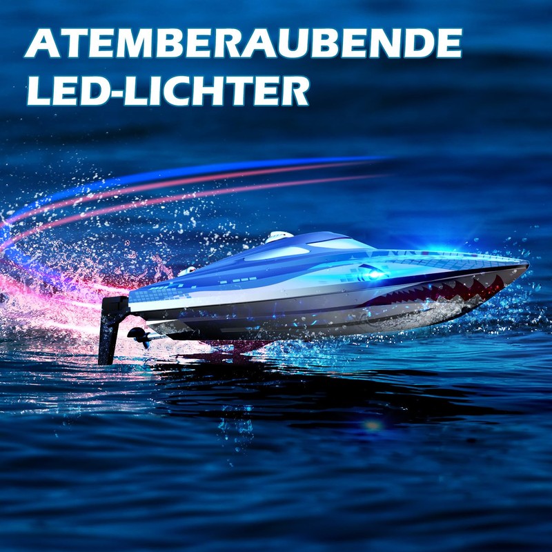 DEERC RC Boat with LED Light, Remote Controlled Shark Boat