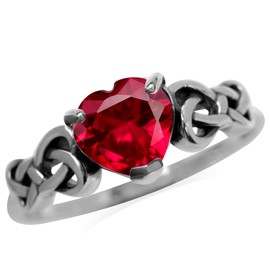 Silvershake 7MM Simulated Heart Shape Red Ruby 925 Sterling Silver Celtic Heart Knot Filigree Solitaire Promise Ring July Gemstone Birthstone, Sterling Silver Rhodium/White Gold & Antique Finishing, created red ruby