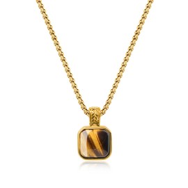 COAI Men's Gemstone Necklace with Square Pendant and Gold Stainless Steel Chain for Men, Stone, Tigers Eye