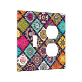 Retro Boho 2 Gang 1 Toggle 1 Duplex Combo Outlet Light Switch Cover Plate Decorative Mandala Flowers Wall Plate Electrical Faceplate Receptacle Switchplate for Home Bedroom Decor 4.6 * 4.5 Inch