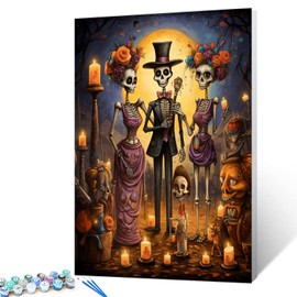 Skeleton Family DIY Painting by Number for Adults and Beginner Day of The Dead Decoration Paint by Numbers on Canvas Easy to Paint Artwork with Brushes and Paints Without Frame 16x20inch