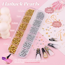 Flatback Nail Pearls Gems and Glue, Small Half Round Silver and Gold Nail Charms Beads and White Beige Pearls for Nails with Pickup Tools, Pearl Nail Charms Rhinestones for Crafting Face Manicure DIY