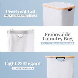 LONBET Laundry Basket with Lid, Made from Breathable Fabric | Aesthetic Clothes Hampers for Laundry with Side Handles & Sturdy Bamboo Frame (26 Gallons - Single, Light Gray)