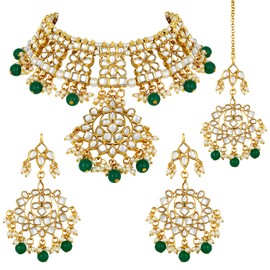 Aheli Traditional Faux Kundan Nekclace Earrings Maang Tikka Bollywood Wedding Party Jewelry Set Gift for Women Green