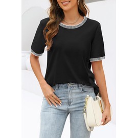 MEROKEETY Women's 2024 Short Sleeve Striped Color Block T Shirts Crewneck Loose Casual Tee Tops, Black, XL