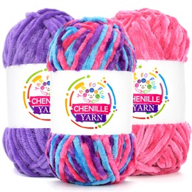 3 Pack Velvet Chenille Yarn for Crocheting,Rainbow Fluffy Velvet Plush Yarn Thick Soft Chunky Chenille Yarn Baby Blanket Yarn for Crocheting Knitting Beginners(Mermaid Purple Pink