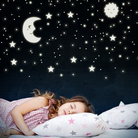 WANDKINGS Wandsticker Sonne, Mond und Sterne XL-Set 114 Sticker, Fluoreszierend & im Dunkeln Leuchtend