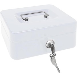 Mini Cash Box with Key Lock Portable Petty Layered Partition Coin Banknote Classification Lockable Money Safe Security Tin Box for Household Office Shop(White)
