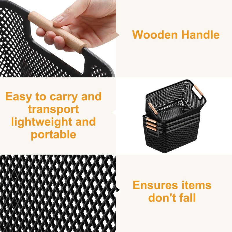 Tioncy 4 Pcs Plastic Mesh Baskets with Wood Handle Woven