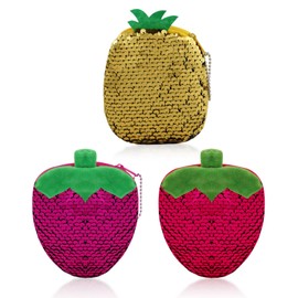 WisePoint 3 Pcs Coin Purses, Cute Fruit Shape Mini Pouches for Women with Zipper, Sequins Change Purse for Travelling, Working, Shopping, Dating (Style 1)