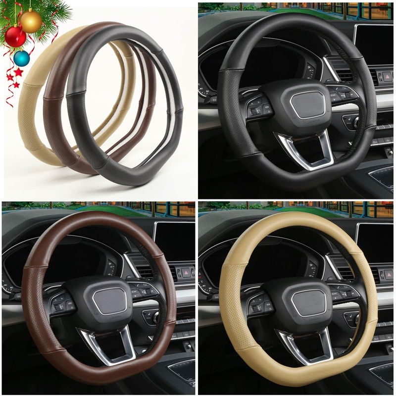 Cxtiy D Shaped Steering Wheel Cover, Genuine Leather Flat Bottom