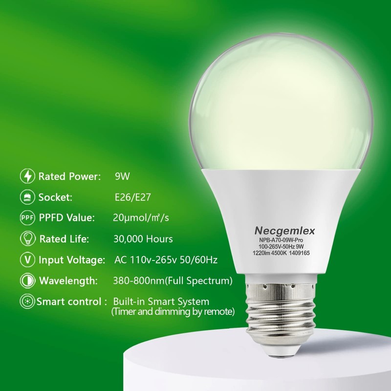 Necgemlex Smart LED Grow Light Bulbs with Remote Controller, Sun