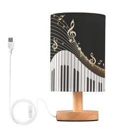 YYZZH Table Lamp Gold Music Note with Piano Key Musical Instrument on Black Nightstand Lamp with Wood Base Fabric Lamp Shade Bedside Desk Lamp for Living Room Bedroom Kids Room Office