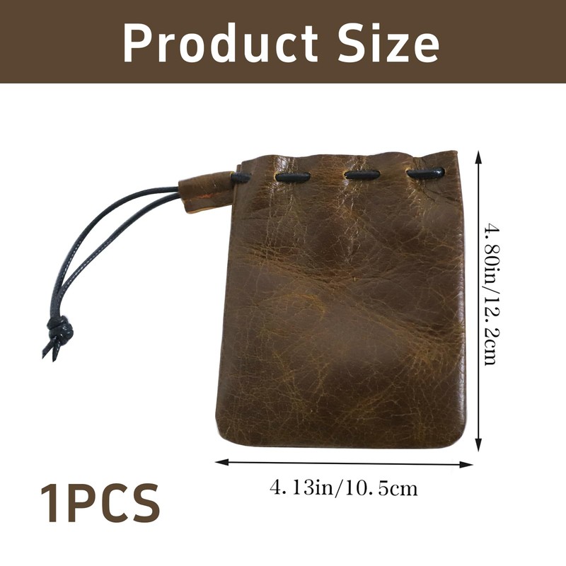 CZXCV Cowhide Leather Drawstring Pouch, Secure Small Leather Coin Purse