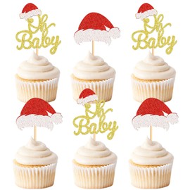 Keaziu - Paquete de 24 adornos de Navidad para cupcakes de Oh Baby con diseño de sombrero de Navidad dorado y Oh Baby para celebrar la magdalena de Navidad para fiesta de cumpleaños y decoración de pasteles, suministros para bebé dorado