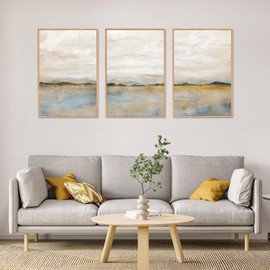 HLNIUC Abstract Mountain Lakes Framed Canvas Wall Art Set, Neutral Nature Landscape Wall Decor, Nordic Scenery Wall Painting, Modern Gallery Art Prints for Living Room, Bedroom, Office - 16"x24"x3