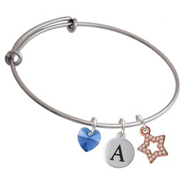 Delight Jewelry Rose Goldtone AB Crystal Lucky Star - Crystal Heart and Pebble Initial Custom Charm Bangle Bracelet