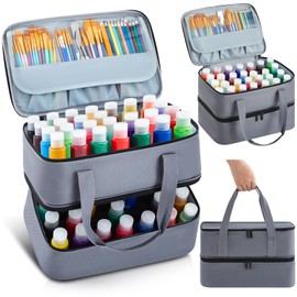 Abbylike Acrylic Paint Organizer Case for up to 56 Bottles (2 Oz) Double Layer Art Supply Storage Bag Alcohol Ink Storage Paint Carry Case with Foam Insert and Inner Pocket(Gray)