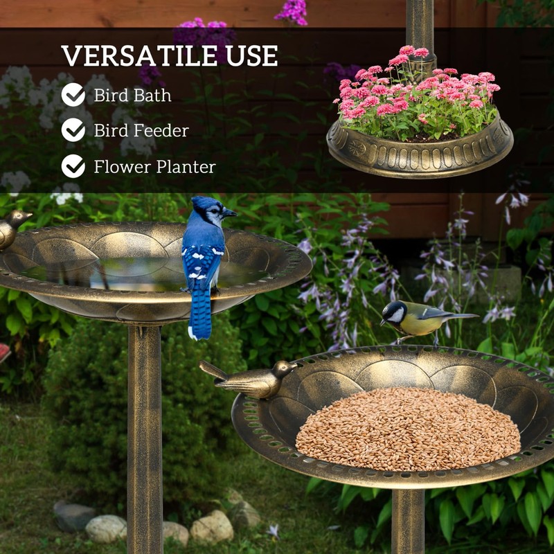 Vintage Style Bird Bath with Flower Planter & Feeder