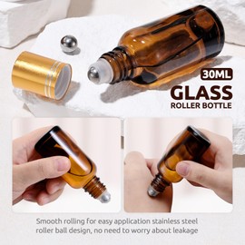 bofessor 4-Pack 1 oz (30ml) Amber Glass Roller Bottles for Essential Oils | Refillable Roll-On with Stainless Steel Rollers | Leakproof, UV Protection