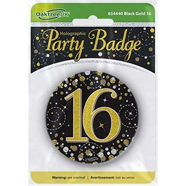 OakTree 3" Badge 16th Birthday Sparkling Fizz Black Gold Holographic