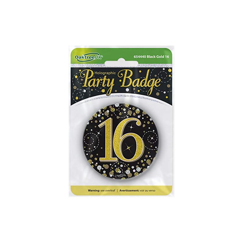 OakTree 3" Badge 16th Birthday Sparkling Fizz Black Gold Holographic