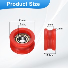 sourcing map 4 Pcs U Type Groove Plastic Guide Bearing 6x23x11.4mm, U Type Pulley Roller Wheel Bearing Roller Wheels, (Red)