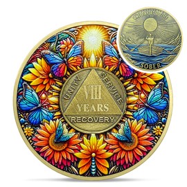 Delicate Sunflower 8 Year Sobriety Coin - Eight Year Recovery Butterfly AA Coins - One Day at A Time NA HA AA Chips and Medallions - 1-40 Years Living Clean Alcoholics Anonymous Gifts for Men Women