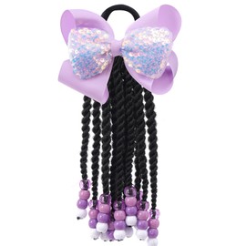 Kids Braid Ponytail Extension with Elastic Bowknot Tie Clip in Beads Braids Hair Extensions Braids Hair Extensions Wig for Children Girls Wigs with Bead Decoration Synthetic Hairpiece Black