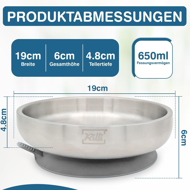 Rilli Stainless Steel Plate for Babies with Suction Cup, Deep