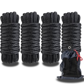 MARINE SYSTEM Double Braided Nylon Dock Lines Rope，3/8 Inch x 15 FT Dock Line with 12 Inch Eyelet for Mooring Boats, Black (4 Pack)