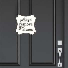 AuldHome Design Cast Iron Sign: Please Remove Your Shoes; Farmhouse Metal Plaque in Black and White 6.5 inches x 6.5 inches; Includes Mounting Hardware