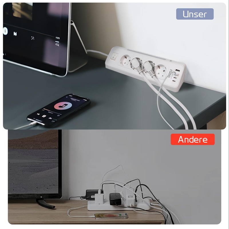 White Power Strip with 4 USB Ports, Multiple Socket with
