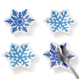Whaline 4Pcs Winter Coffee Spoon Rest Blue Snowflake Ceramic Spoon Holder Snowflake Shaped Sauce Dishes Ring Dish for Xmas Winter Kitchen Home Office Decor