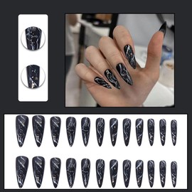 ANDGING Marble Black Press on Nails Almond Medium Long Glue on Nails Acrylic Fake Nails with Glitter Gold Design Manicure False Nails with Glue Gel Women Stick on Nail for Wedding Birthday 24Pc DAK68