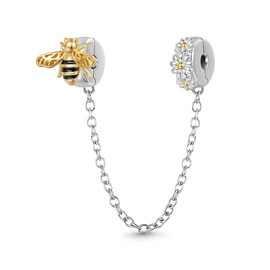 GNOCE Honey Bee Safety Chain Charm Sterling Silver Charm Fits Bracelet Necklace for Women Girls Wife Daughter Jewelry Gift