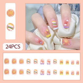 24Pcs Gowabory Nail Press ons, Short Square Press on Nails Girls Fake Nails with Summer Manicure Lively Cute and Sweet Design, Artificial False Nails Press On Stick On Nails for Girls